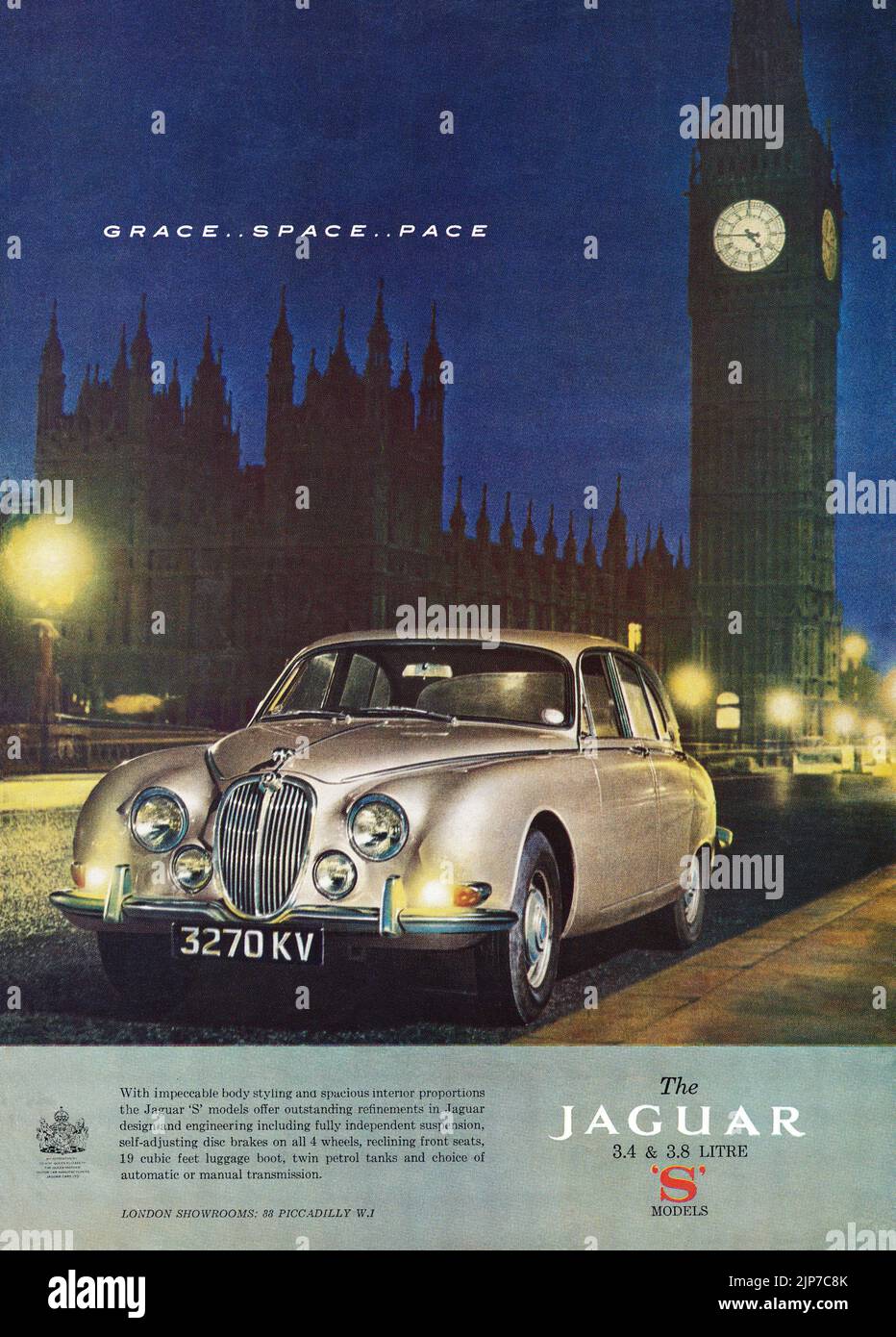 1965 British advertisement for the Jaguar 3.4 and 3.8 litre 'S' model motor cars. Stock Photo