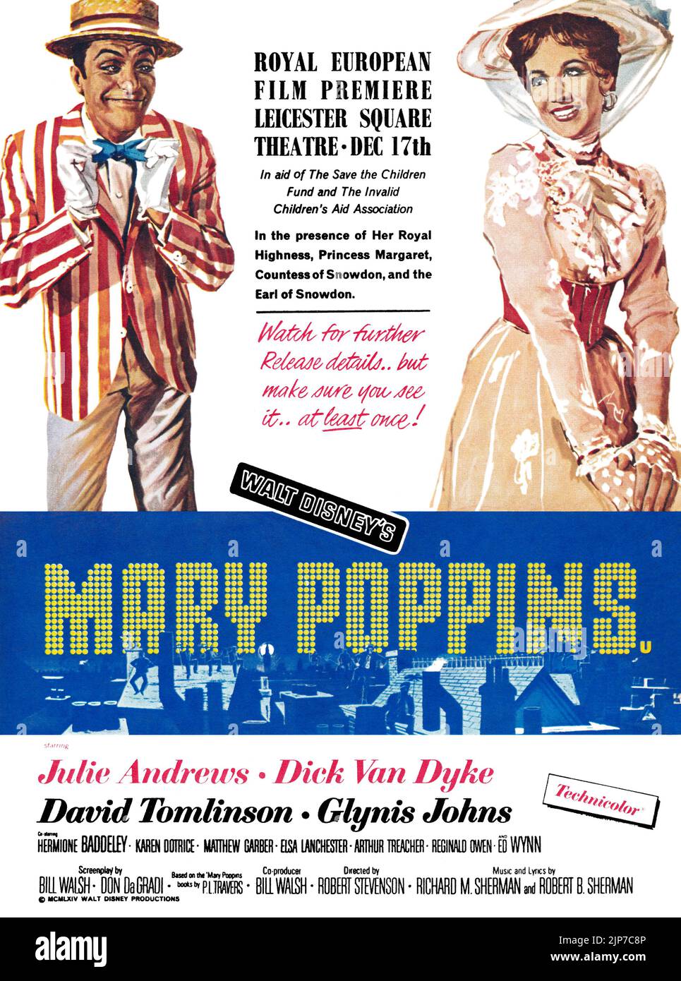 1965 British advertisement for the London premier of the movie Mary Poppins at the Leicester Square Theatre. Stock Photo