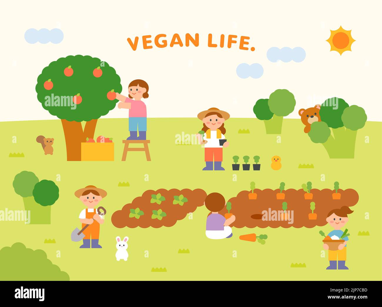 Vegan life. Cute characters are growing vegetables on the farm. A person picking fruit from a tree. The bear hiding behind the broccoli. flat design s Stock Photo