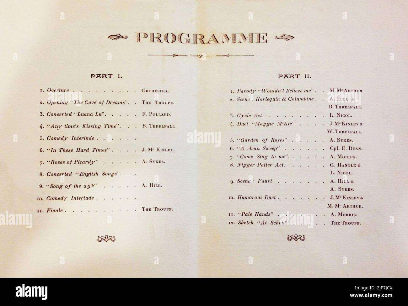 The Programme of a Performance given at the New Theatre Saint-Omer by the Diamond Troupe of the 29th Division on June 8, 1918 Stock Photo
