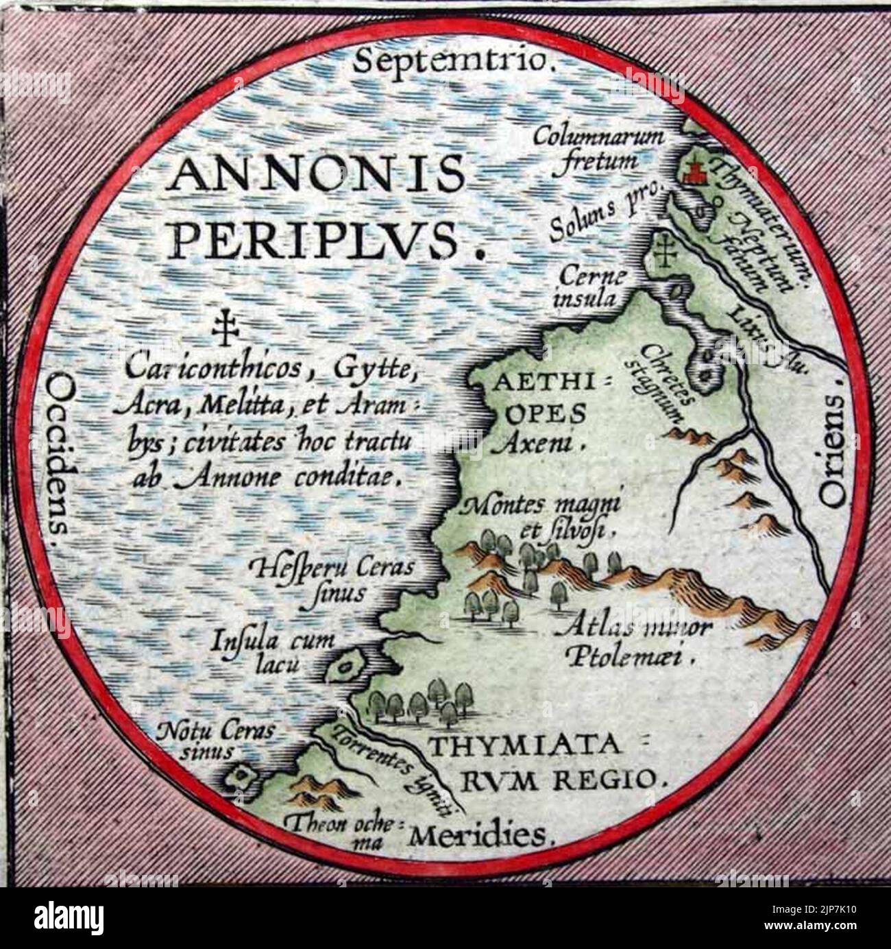 The Punic text from the Periplus of Hanno describing Hanno of Carthage's journey beyond the Pillars of Hercules (Strait of Gibraltar) and the establishment of the cities shown on this inset map can be found here Stock Photo