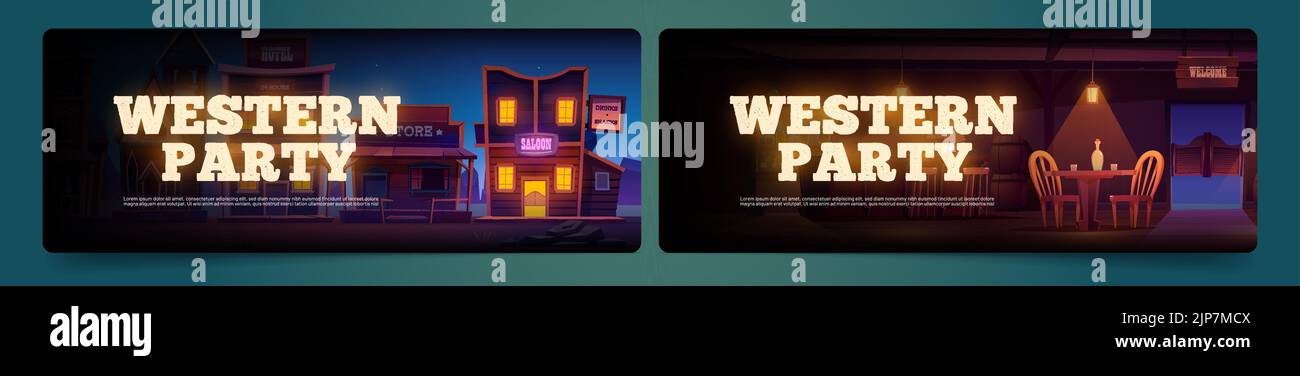 Western party cartoon banners, cowboy saloon building facade and interior with alcohol drinks stand on wooden old style table. Invitation to Wild west tavern, retro pub or bar Vector promotional flyer Stock Vector