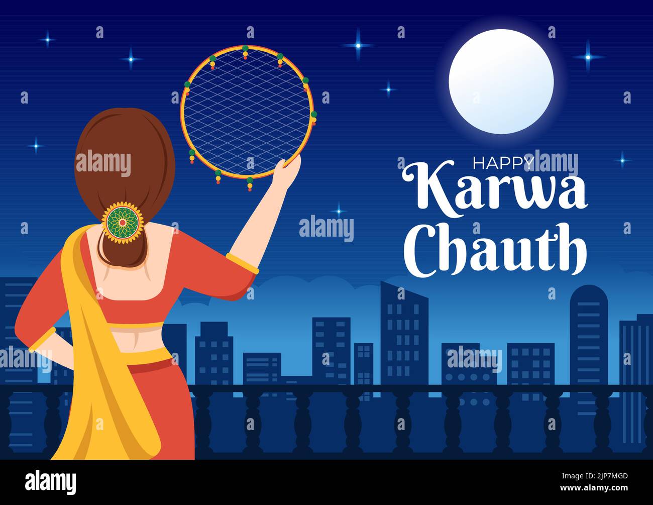 Karwa Chauth Festival Hand Drawn Flat Cartoon Illustration to Start the