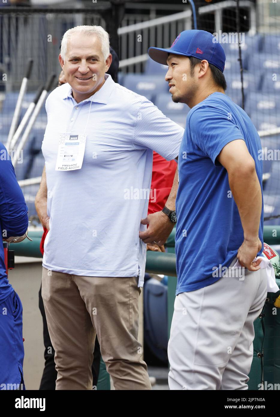 Chicago Cubs outfielder Seiya Suzuki (R) talks with his agent Joel Wolfe prior to a baseball game against the Washington Nationals on Aug. 15, 2022, at Nationals Park in Washington. (Kyodo)==Kyodo Photo via Credit: Newscom/Alamy Live News Stock Photo