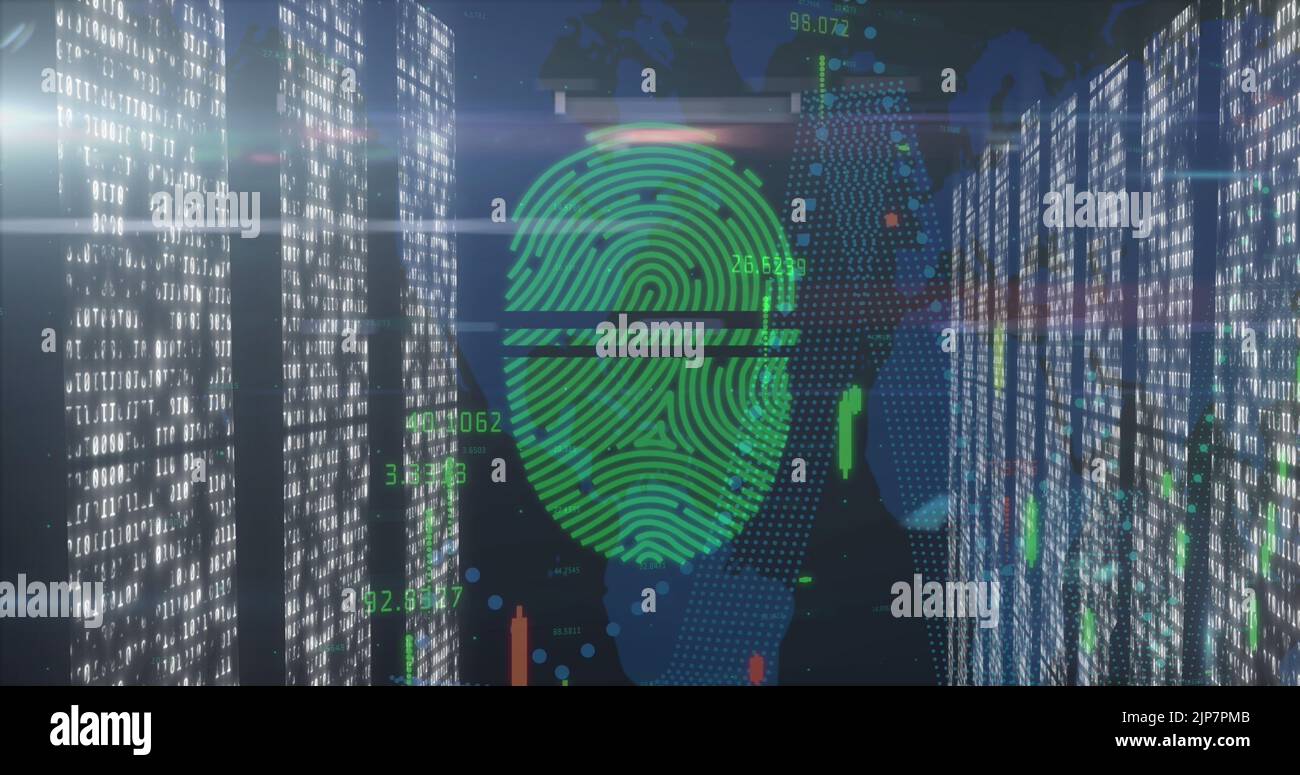 Image of fingerprint over data processing and light spots Stock Photo