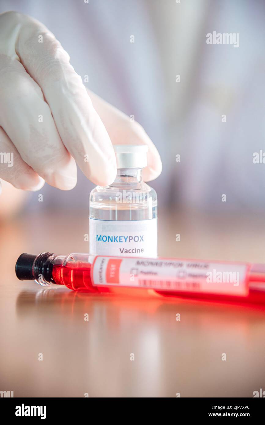 A vaccine vial and blood testing tube of monkeypox Stock Photo - Alamy