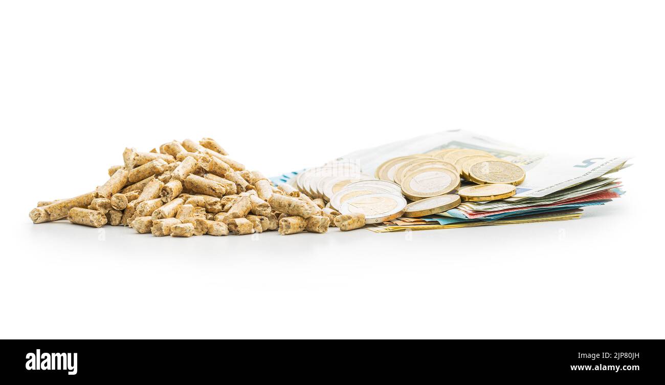 Wooden pellets and euro money isolated on a white background. Biomass - Renewable source of heating. Stock Photo
