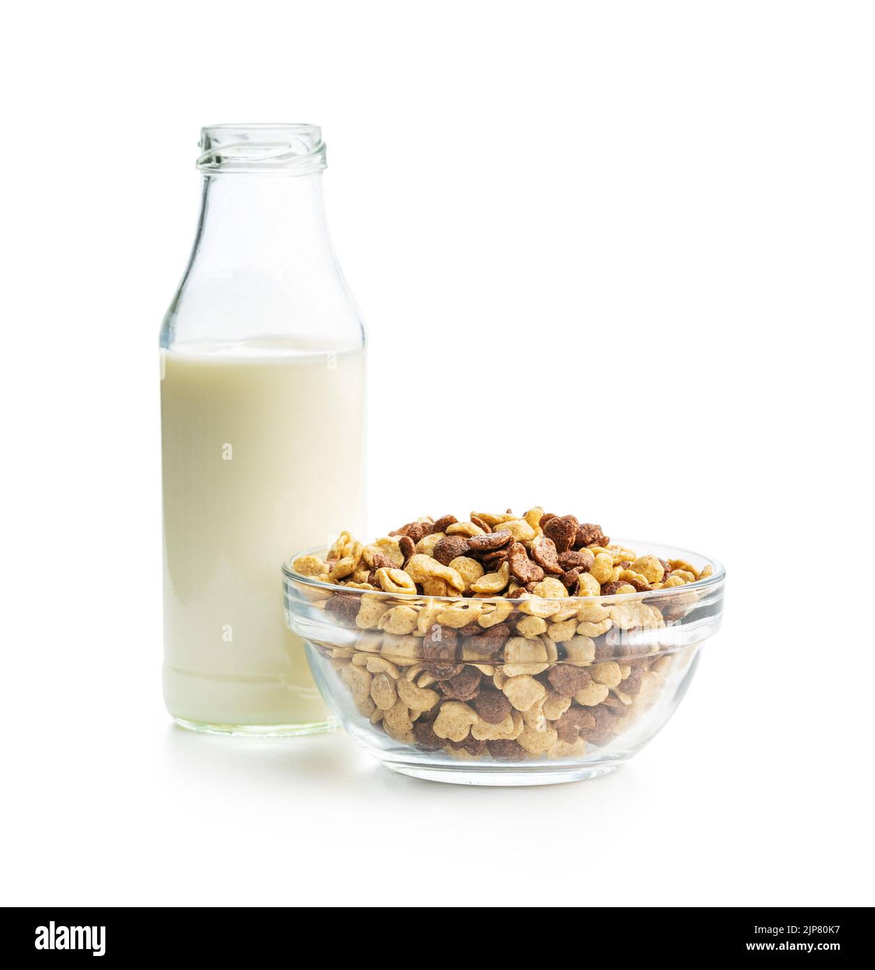 Breakfast cereal flakes in bowl and milk isolated on a white background. Stock Photo