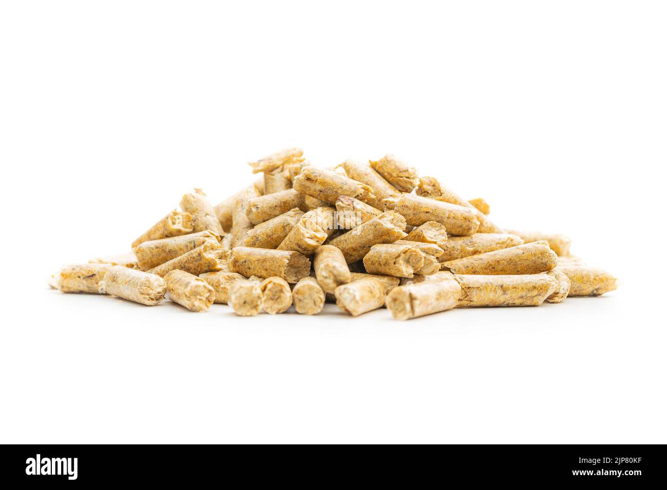 Wooden pellets isolated on a white background. Biomass - Renewable source of heating. Stock Photo