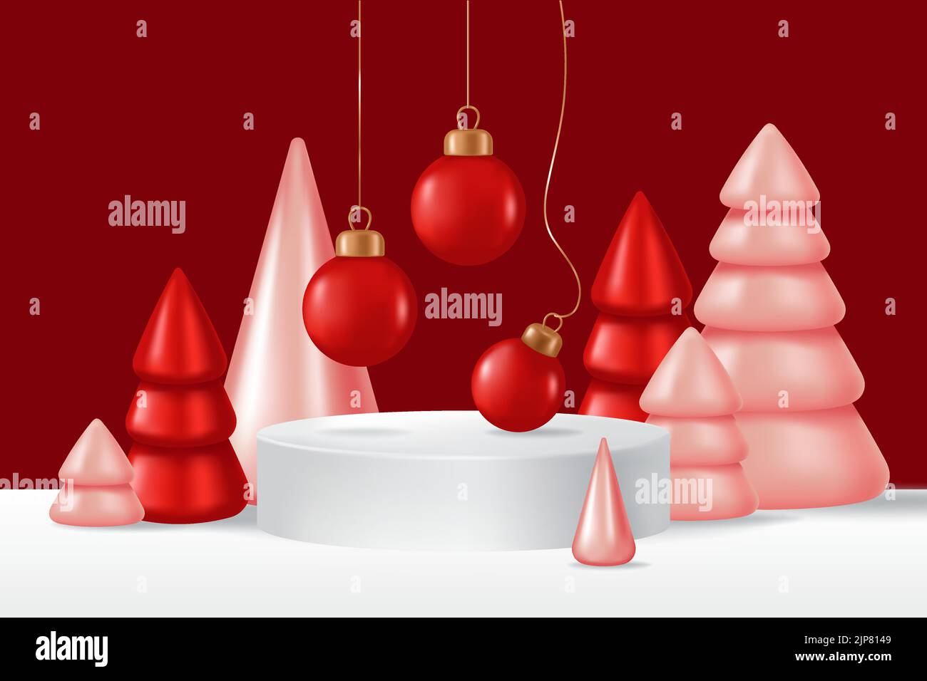 Banner template with a white podium, and realistic 3D Christmas cone ...