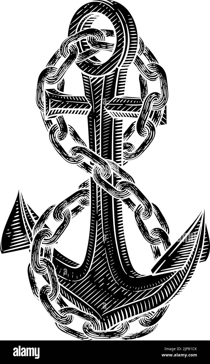 a ship anchor and chain nautical woodcut drawing 2JP81CK