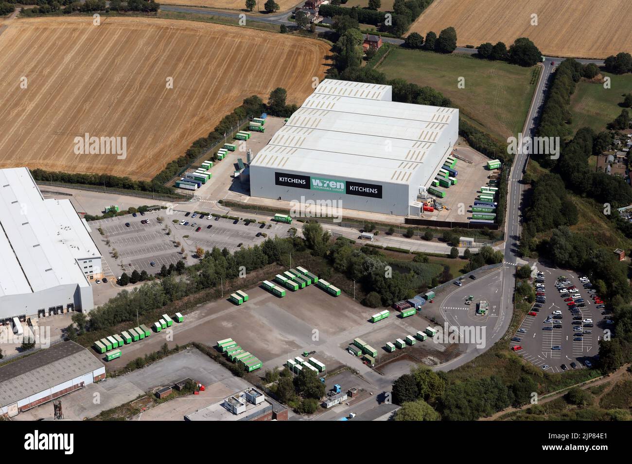 aerial view of Wren Kitchens factory warehouse facility in East Yorkshire Stock Photo
