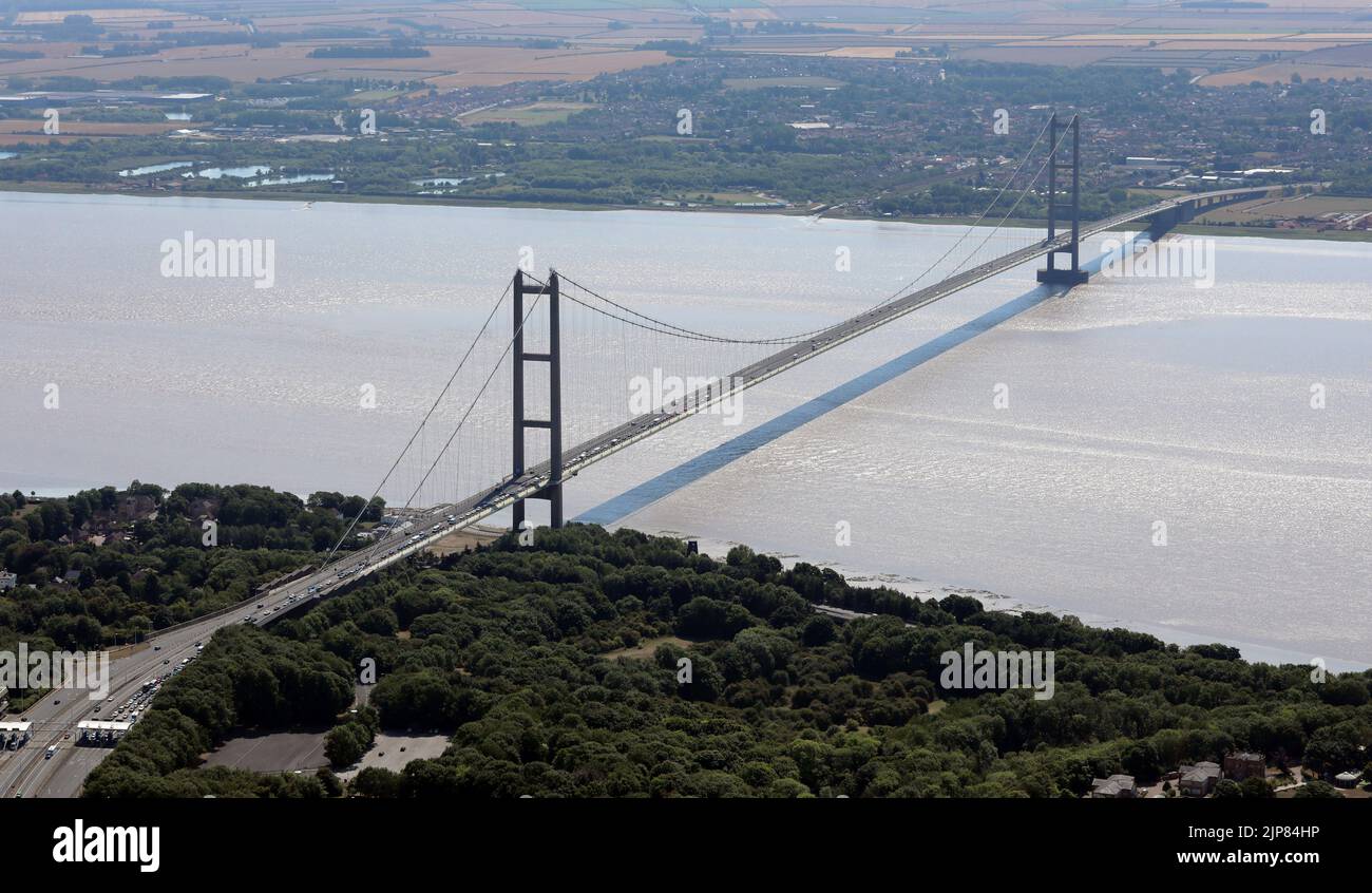 aerial view of the Humber Bridge from the north looking across the Humber towards the south, East Yorkshire Stock Photo