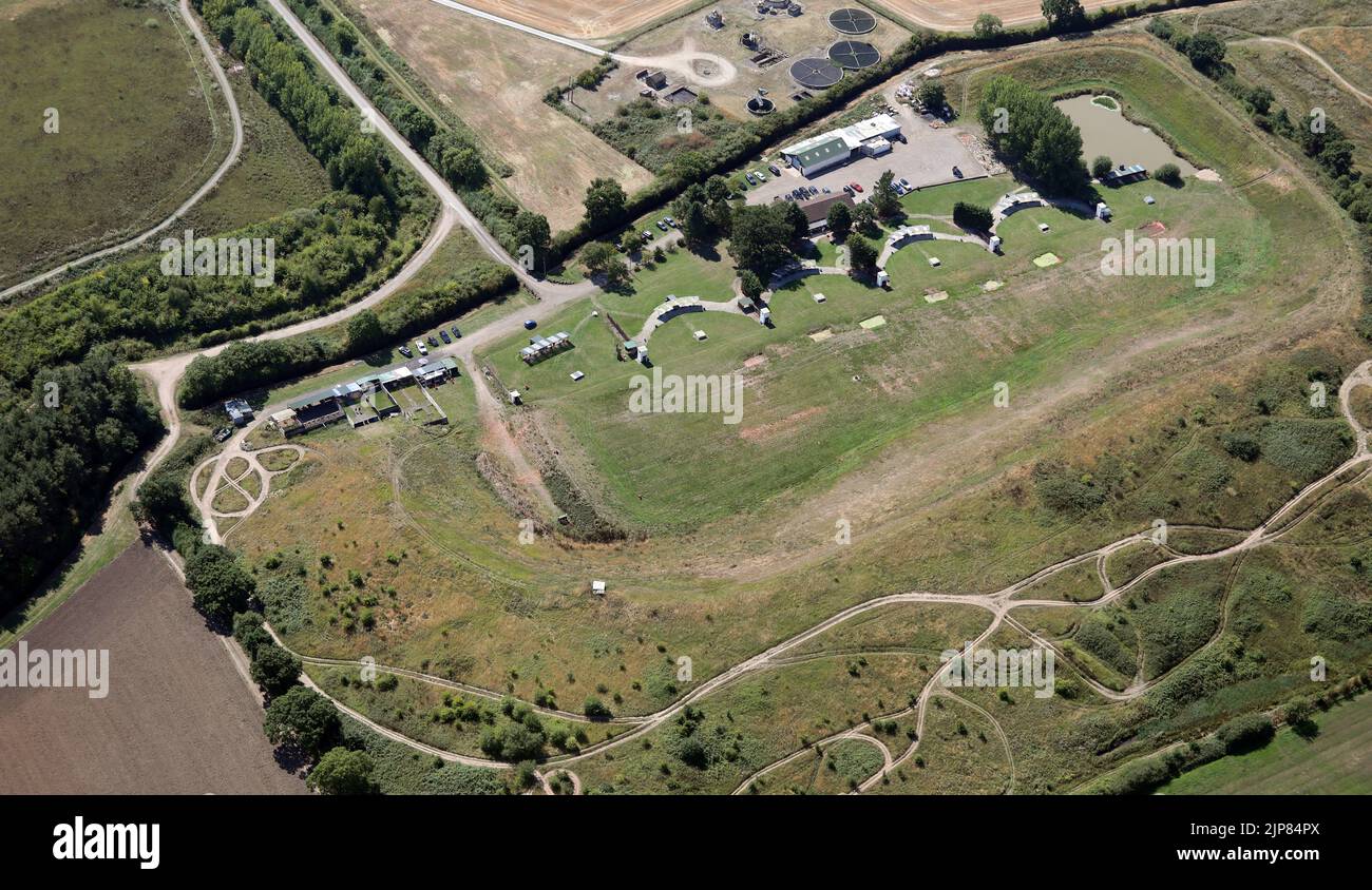 aerial view of The North of England Clay Target centre, a shooting range at Rufforth near York, UK Stock Photo