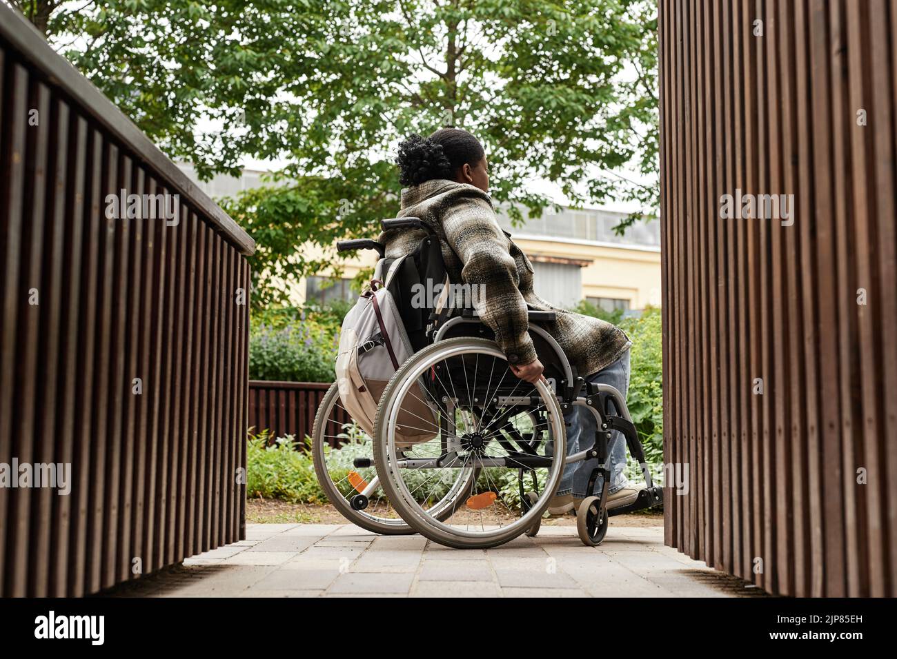 Graphic back view of black woman in wheelchair crossing path in city garden, copy space Stock Photo