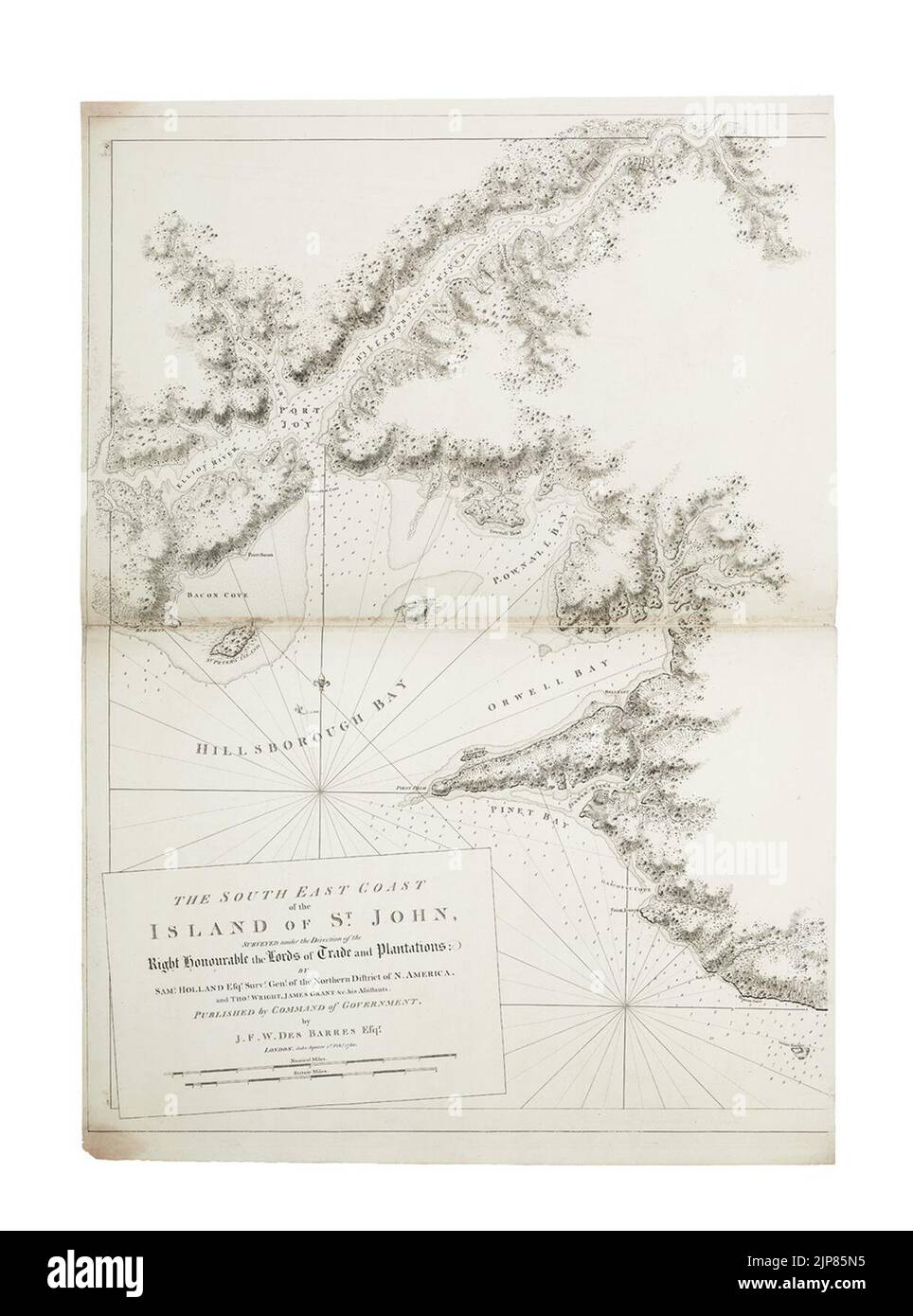 The south east coast of the Island of St. John, surveyed under the direction of the Right Honourable the Lords of Trade and Plantations- by Saml. Holland Esqr. Survr. Genl. of the Northern District of North America, and Stock Photo