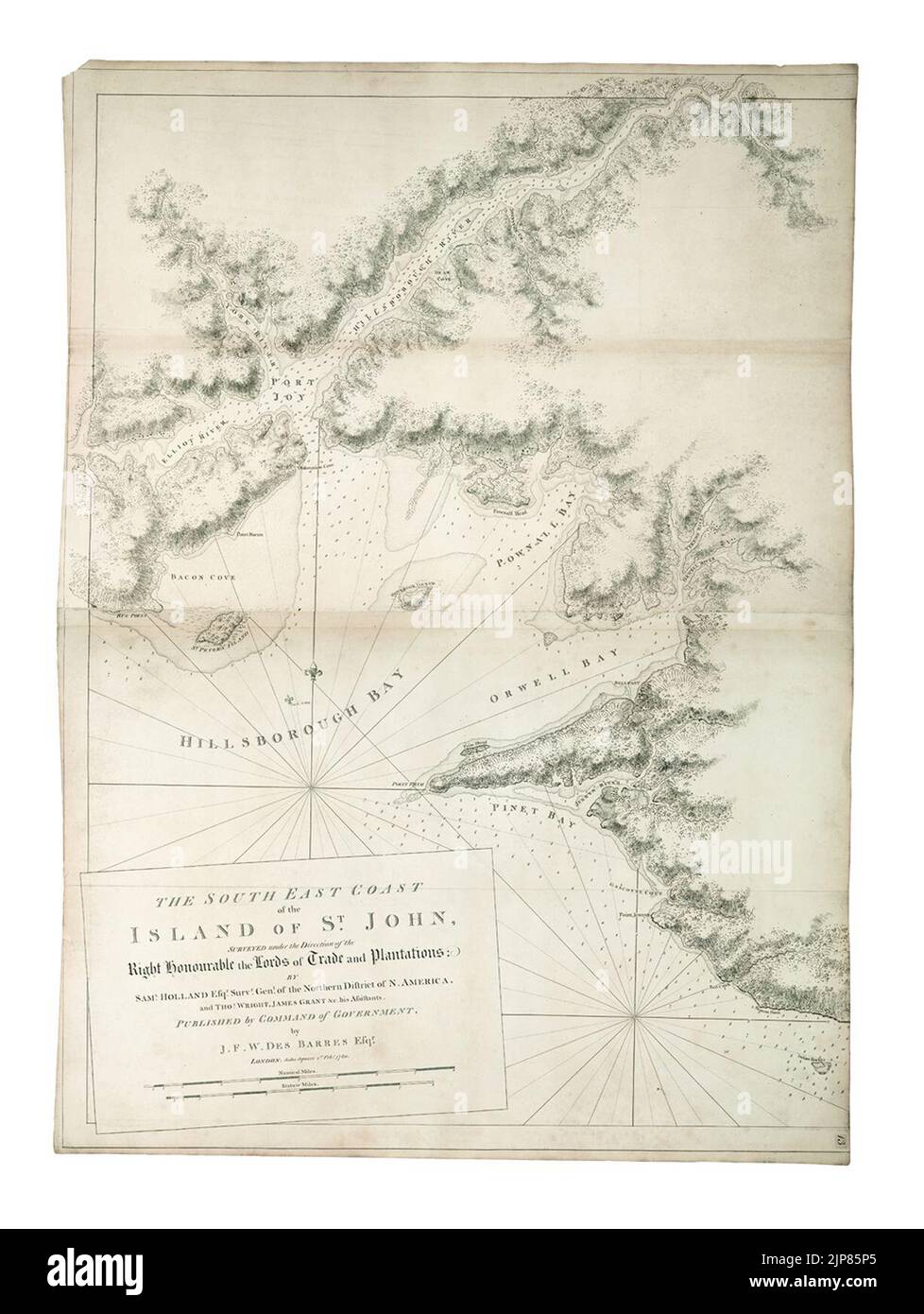 The south east coast of the Island of St. John, surveyed under the direction of the Right Honourable the Lords of Trade and Plantations- by Saml. Holland Esqr. Survr. Genl. of the Northern District of North America, and Stock Photo