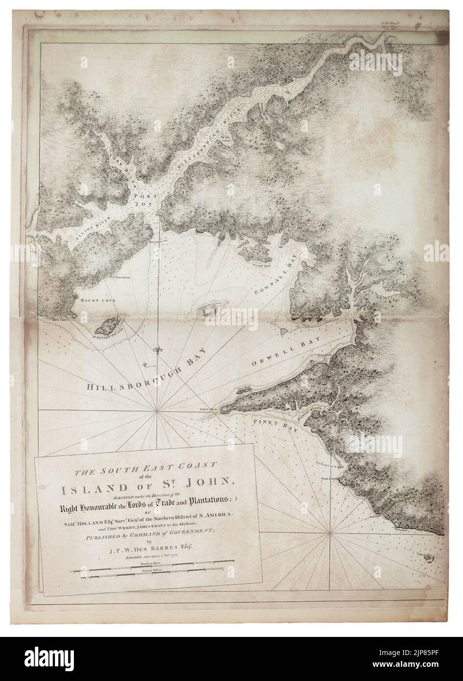 The south east coast of the Island of St. John, surveyed under the direction of the Right Honourable the Lords of Trade and Plantations- by Saml. Holland Esqr. Survr. Genl. of the Northern District of North America, and Stock Photo