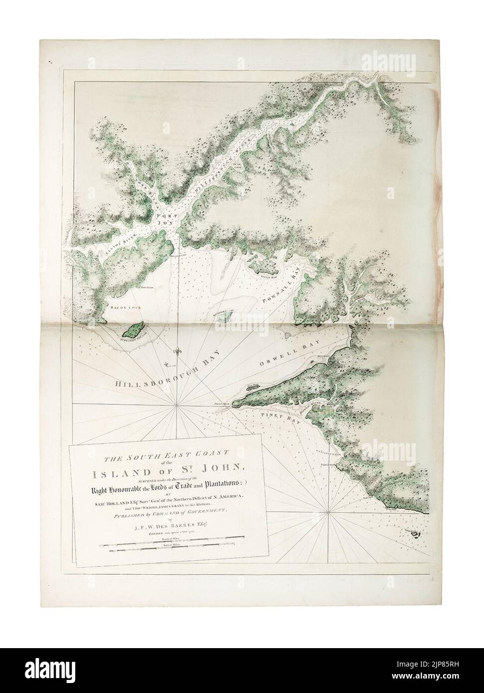 The south east coast of the Island of St. John, surveyed under the direction of the Right Honourable the Lords of Trade and Plantations- by Saml. Holland Esqr. Survr. Genl. of the Northern District of North America, and Stock Photo