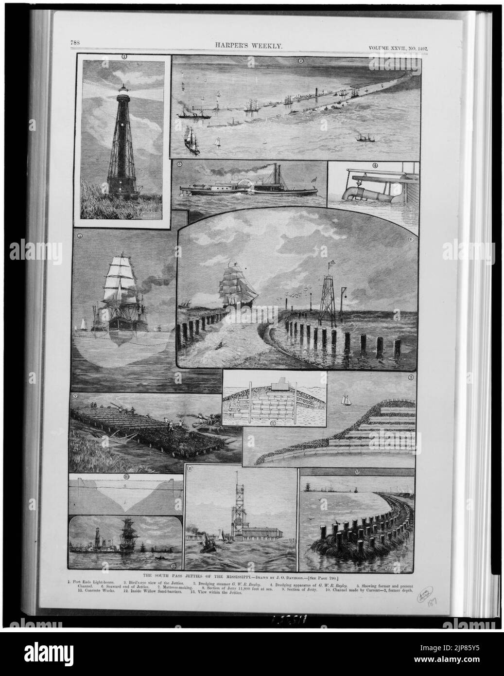 The South Pass jetties of the Mississippi - drawn by J.O. Davidson. Stock Photo