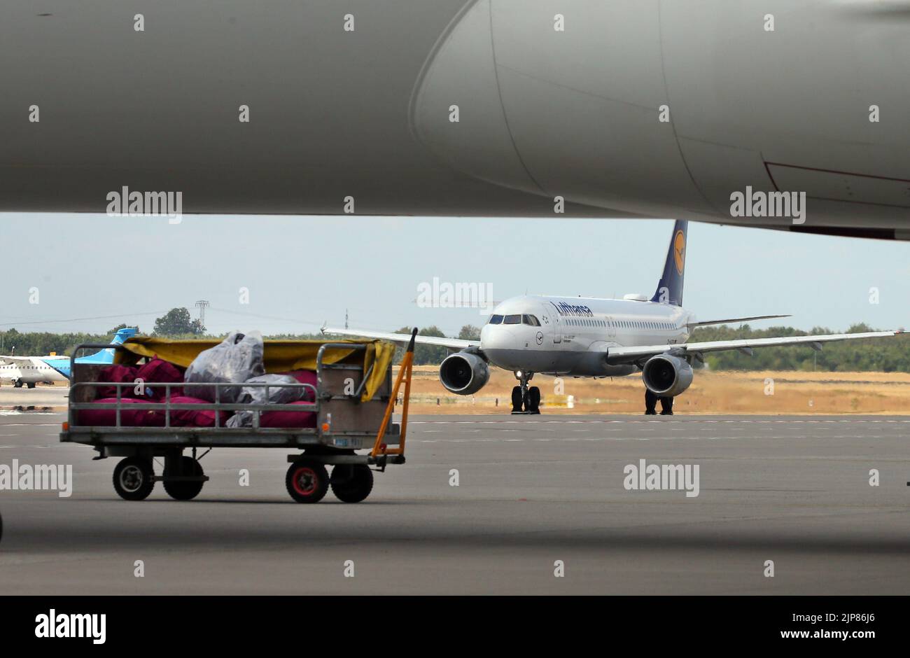 12 August 2022, Brandenburg, Schönefeld: Under the fuselage of a Qatar Airways Boeing 787 Dreamliner, a baggage cart is parked while a Lufthansa Airbus A320-200 taxis by in the background. Photo: Wolfgang Kumm/dpa Stock Photo