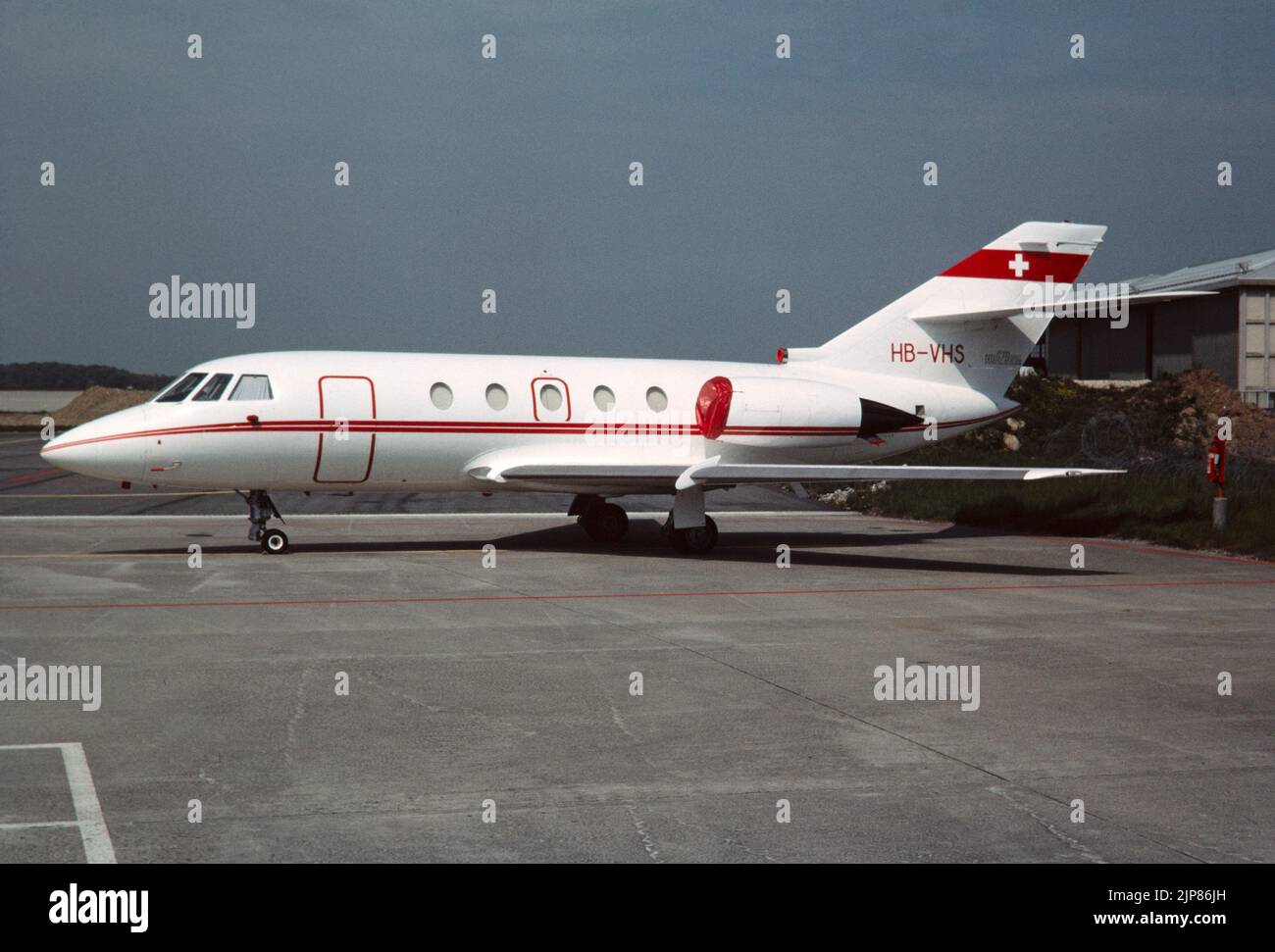 A Dassault Falcon 200 Business, executive, private, corporate Jet, registered in Switzerland as HB-VHS. Photo taken in 1984. Stock Photo