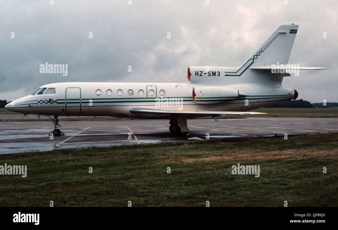 A Dassault Falcon 50 Business corporate, executive, private Jet, registered in Saudi Arabia as HZ-SM3. Photo taken at Hatfield Airport in UK in 1989. Stock Photo