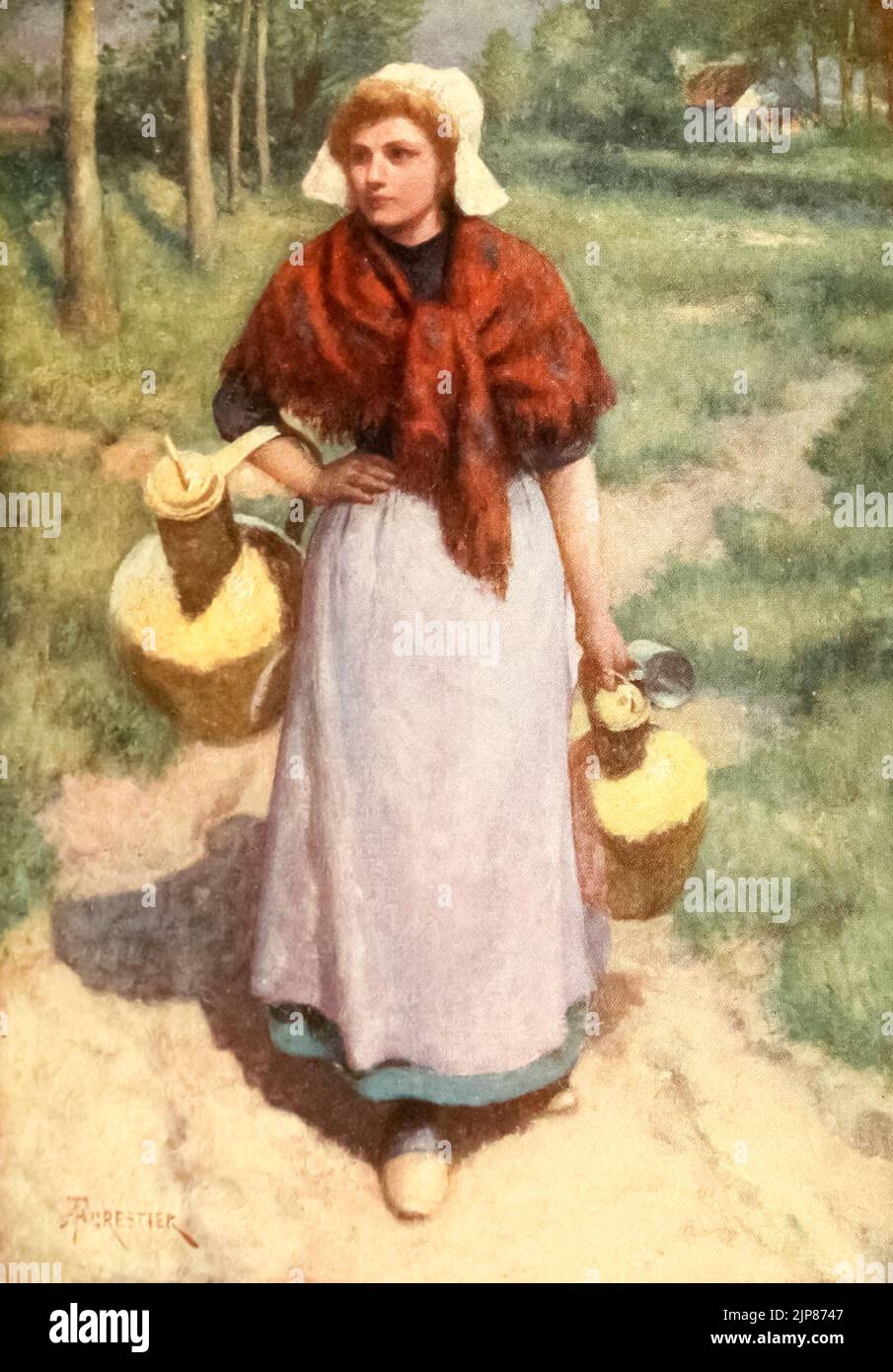 A Flemish Country Girl full body Frontispiece Painted by Amedee Forestier, from the book '  Bruges and West Flanders ' by George William Thomson Omond, Publication date 1906 Publisher London : A. & C. Black Sir Amédée Forestier (Paris 1854 – 18 November 1930 London) was an Anglo-French artist and illustrator who specialised in historical and prehistoric scenes, and landscapes. Stock Photo