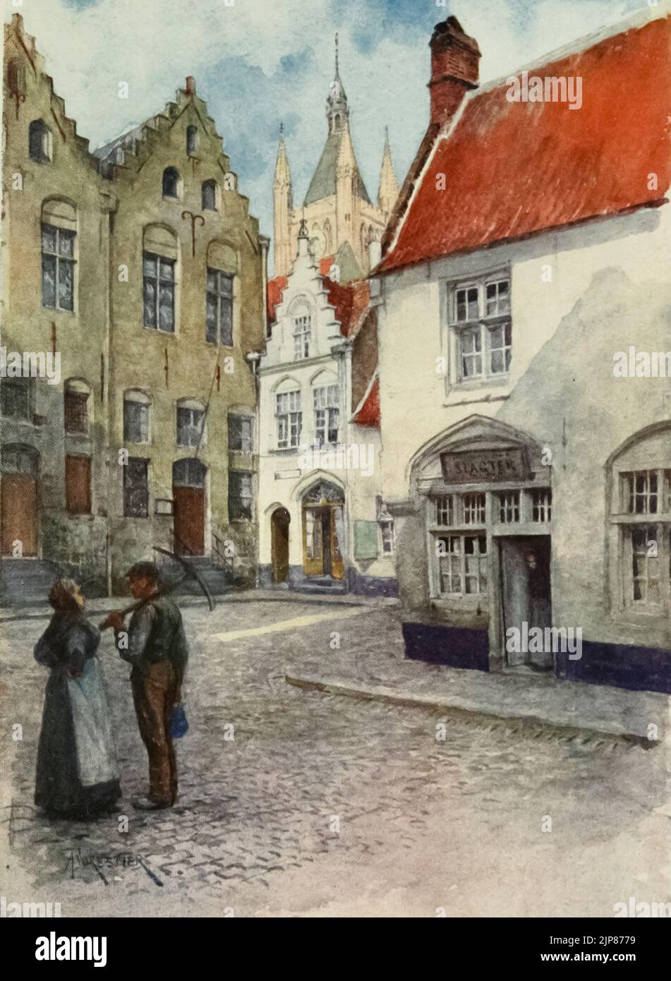 Ypres : Place du Musée (showing Top Part of the Belfry) Painted by Amedee Forestier, from the book '  Bruges and West Flanders ' by George William Thomson Omond, Publication date 1906 Publisher London : A. & C. Black Sir Amédée Forestier (Paris 1854 – 18 November 1930 London) was an Anglo-French artist and illustrator who specialised in historical and prehistoric scenes, and landscapes. Stock Photo