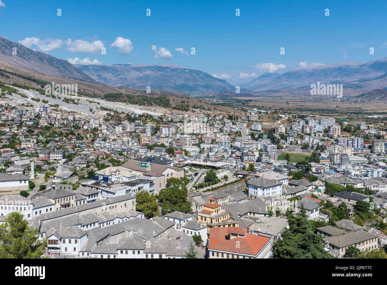 Cityscape of the Old Town of Gjirokaster located on the hills, Albania Stock Photo