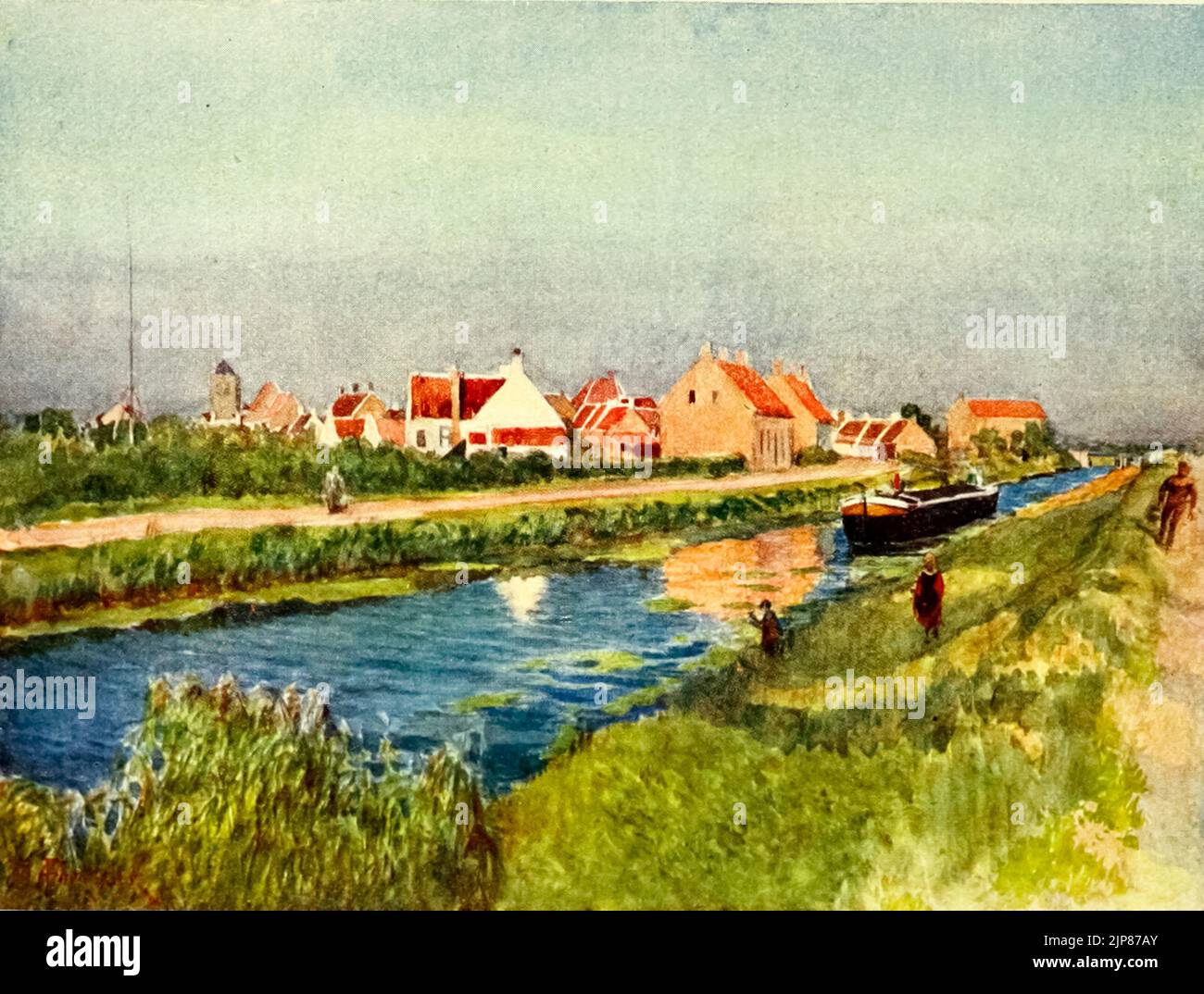 Adinkerque Village and Canal Painted by Amedee Forestier, from the book '  Bruges and West Flanders ' by George William Thomson Omond, Publication date 1906 Publisher London : A. & C. Black Sir Amédée Forestier (Paris 1854 – 18 November 1930 London) was an Anglo-French artist and illustrator who specialised in historical and prehistoric scenes, and landscapes. Stock Photo