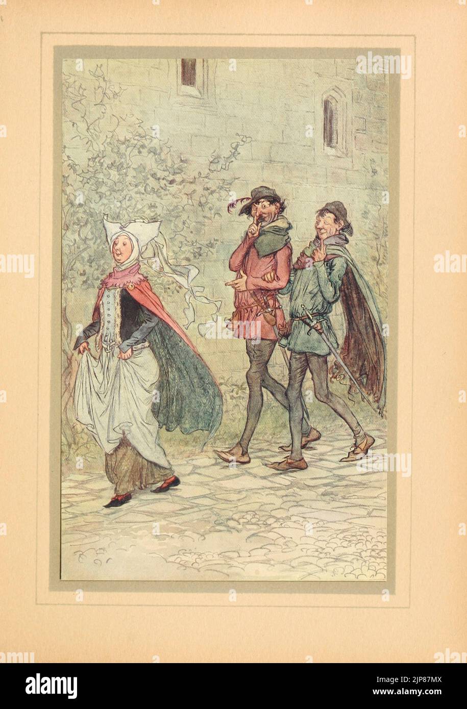 When Mrs. Bridget lost the handle of her fan from the book ' The merry wives of Windsor ' by  William Shakespeare Illustrated by Hugh Thomson, Publication date 1910 Publisher New York : F.A. Stokes The Merry Wives of Windsor or Sir John Falstaff and the Merry Wives of Windsor is a comedy by William Shakespeare first published in 1602, Stock Photo