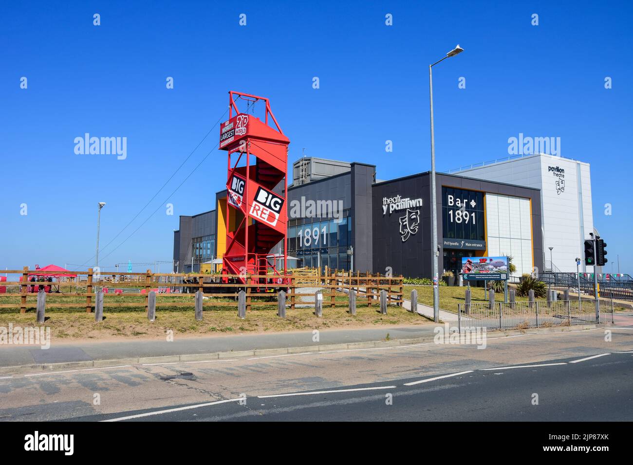 Rhyl, UK: Aug 11, 2022: The world's largest mobile zip line is located beside the Pavilion Theatre Stock Photo