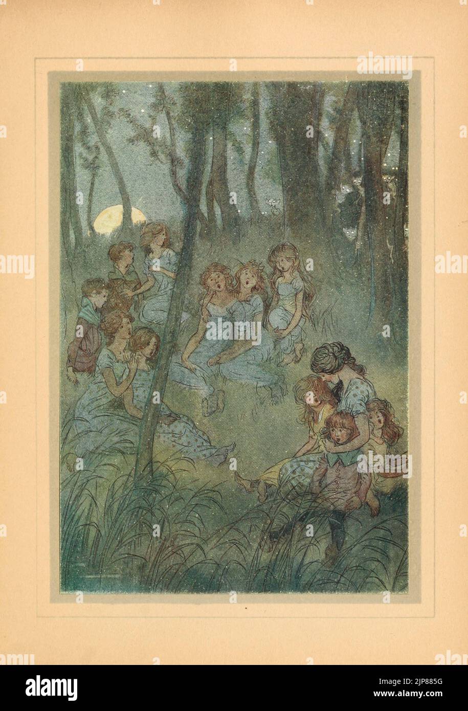 And nightly meadow fairies, look you sing from the book ' The merry wives of Windsor ' by  William Shakespeare Illustrated by Hugh Thomson, Publication date 1910 Publisher New York : F.A. Stokes The Merry Wives of Windsor or Sir John Falstaff and the Merry Wives of Windsor is a comedy by William Shakespeare first published in 1602, Stock Photo