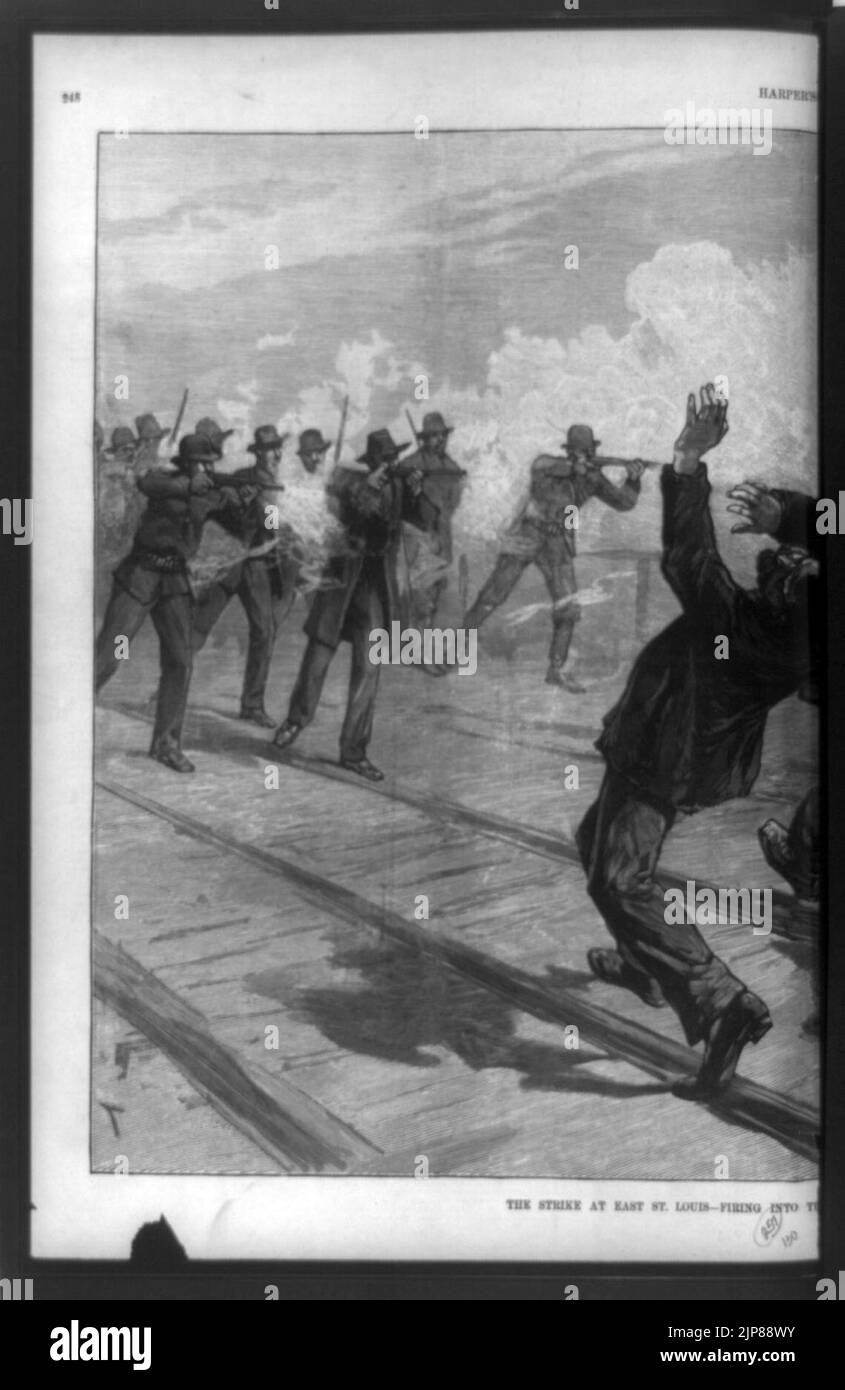 The strike at East St. Louisfiring into the crowd drawn by T. de