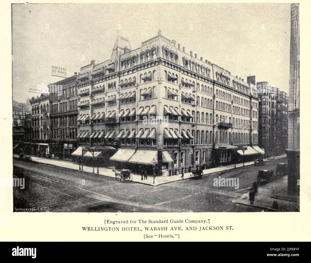 Wellington Hotel Wabash Ave. and Jackson Street from the book Chicago, the marvelous city of the West : a history, an encyclopedia and a guide : 1893 : illustrated by John Joseph Flinn, Publisher Chicago : Flinn & Sheppard Stock Photo