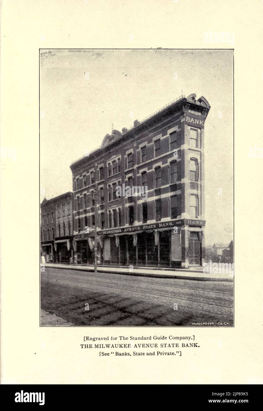Milwaukee Avenue State Bank Building from the book Chicago, the marvelous city of the West : a history, an encyclopedia and a guide : 1893 : illustrated by John Joseph Flinn, Publisher Chicago : Flinn & Sheppard Stock Photo