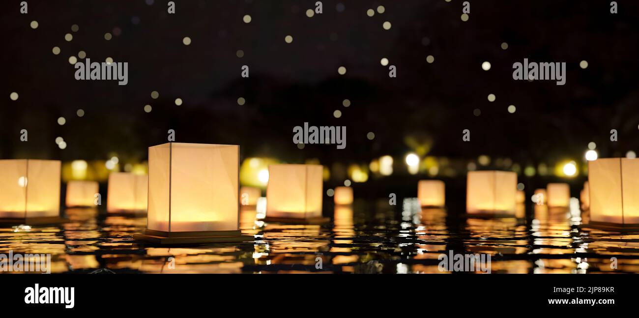 A group of lantern floating on the lake at night. Loy Krathong Festival, Chinese paper floating