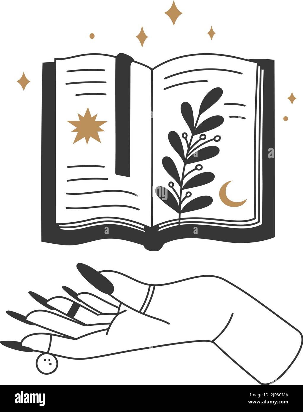 Mystic witch hands and spell book. Boho witchcraft poster. Mystery female wizard with spiritual notebook with star, moon and plant branch with leaves for esoterica. Fortune prediction vector Stock Vector