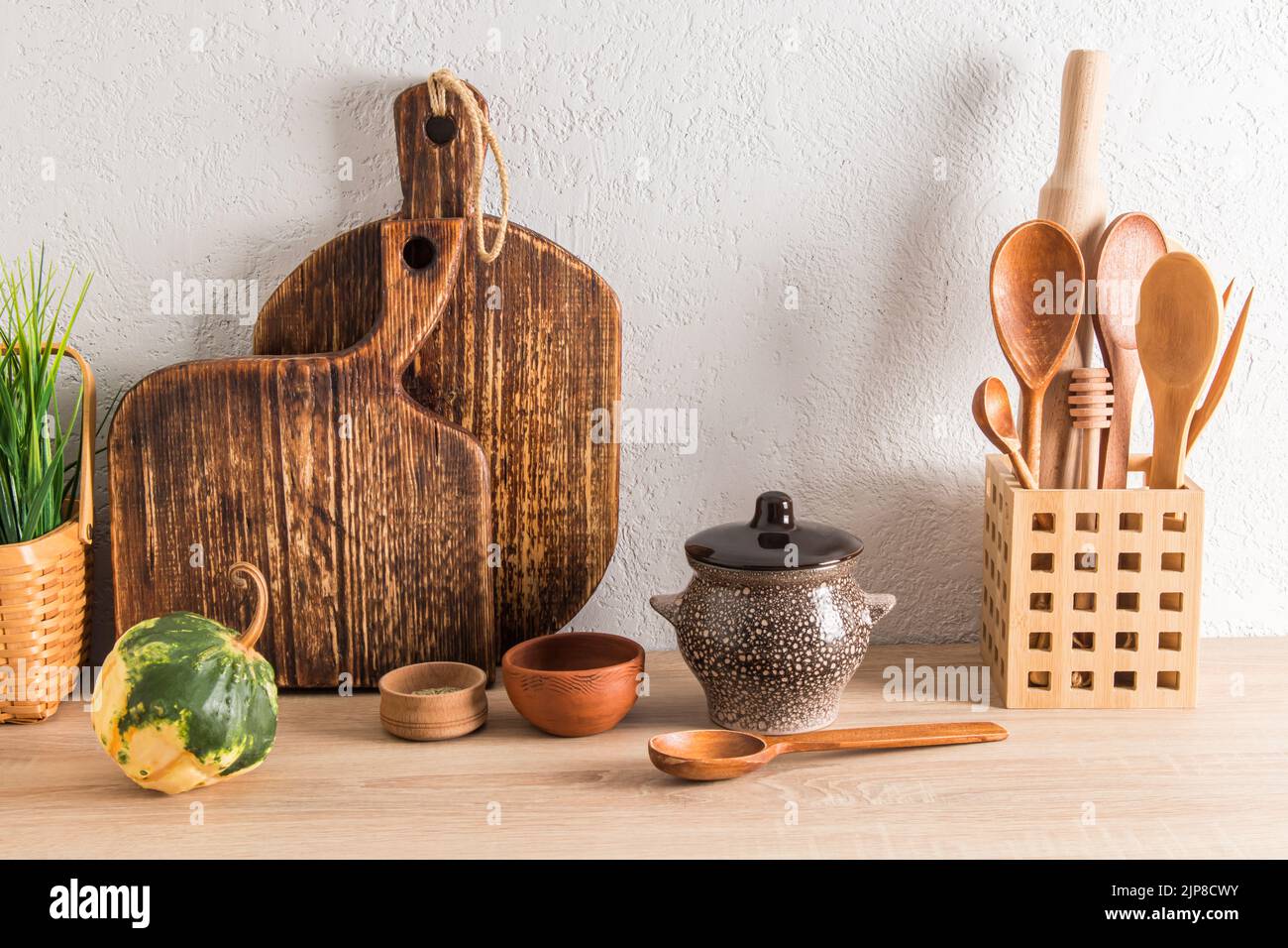 front view of the wooden countertop of a modern country house, cottage