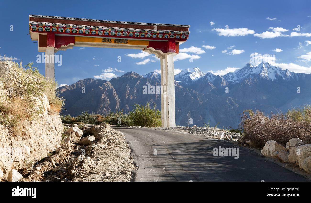 Wel come to Nubra valley and Samstanling monastery - Nubra valley, Indian himalayas, Ladakh, Jammu and Kashmir, India Stock Photo