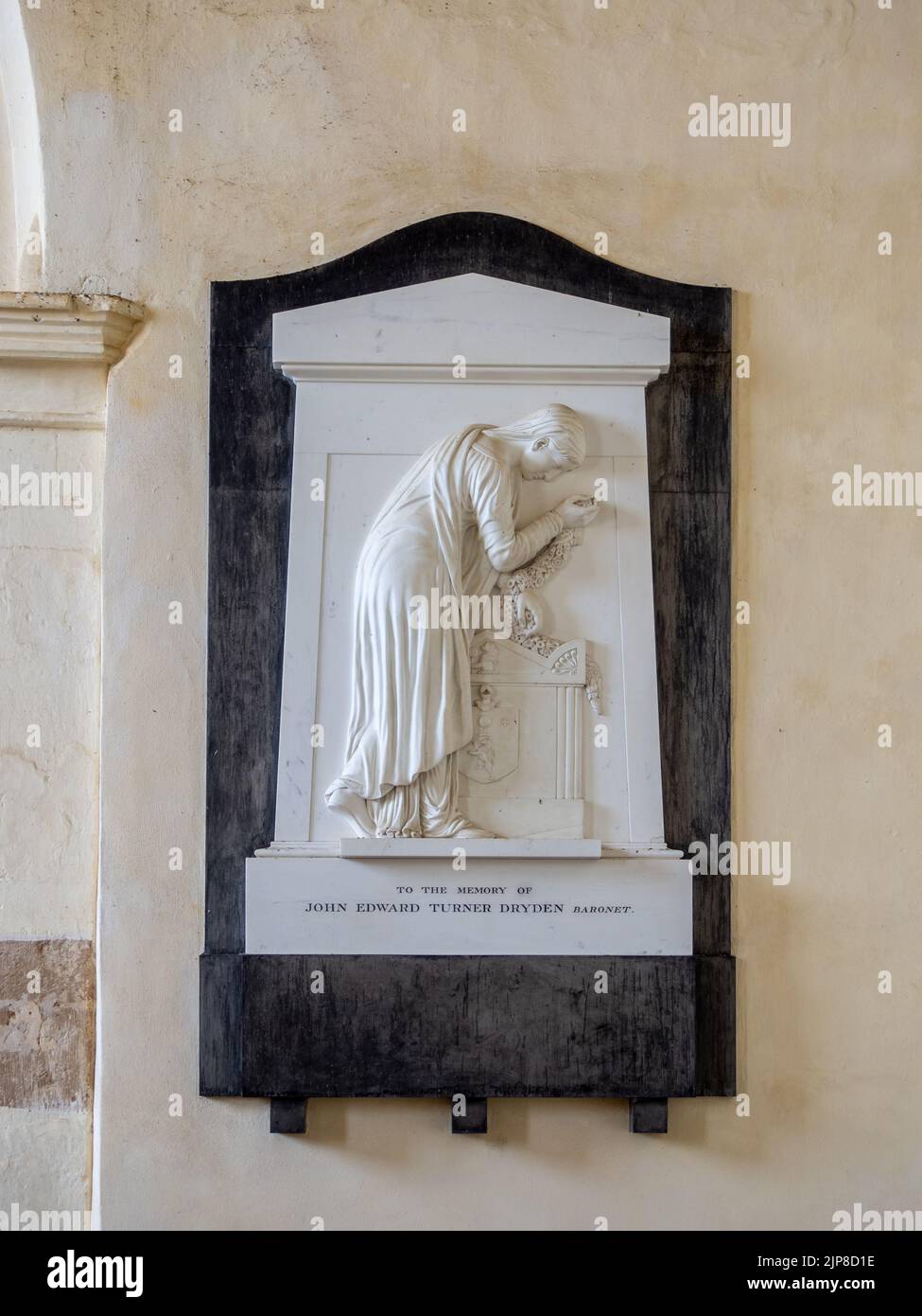 Memorial to John Dryden inside the priory church of St Mary, Canons Ashby village, Northamptonshire, UK Stock Photo