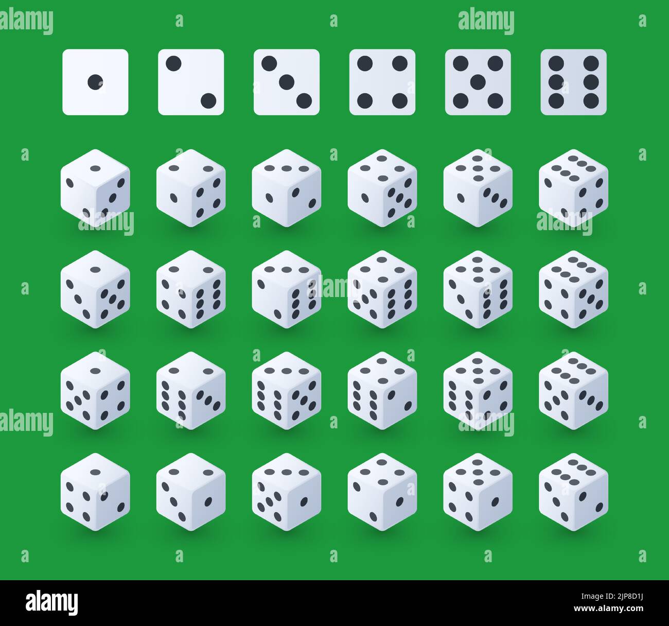 Game dice. Cartoon white playing cubes turn different faces, black dots ...