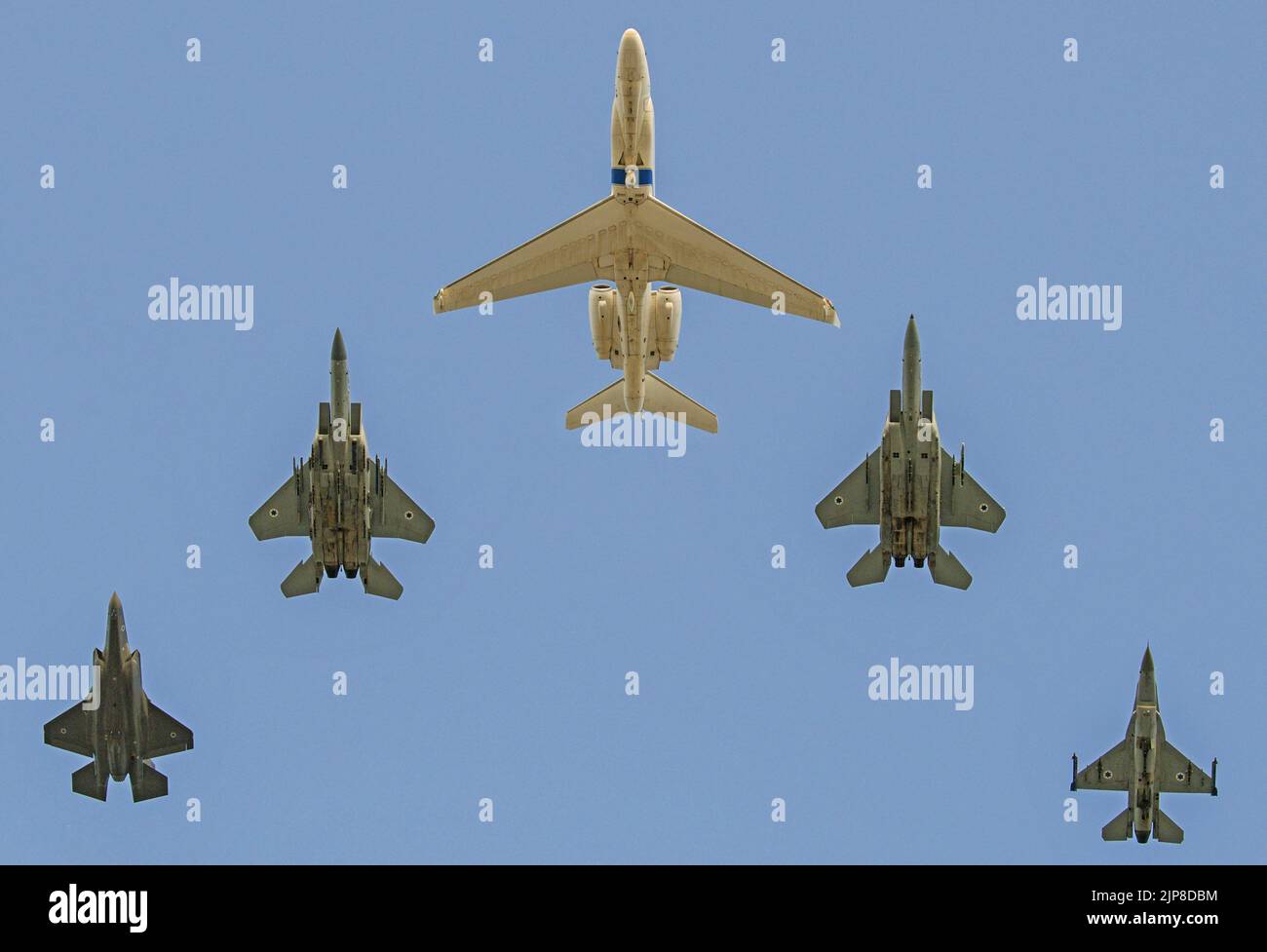 A formation of Israeli Air Force (IAF) jet Planes from Left to Right F-16I, F-15D, Gulfstream Aerospace G550, F-15I and F-35I Stock Photo