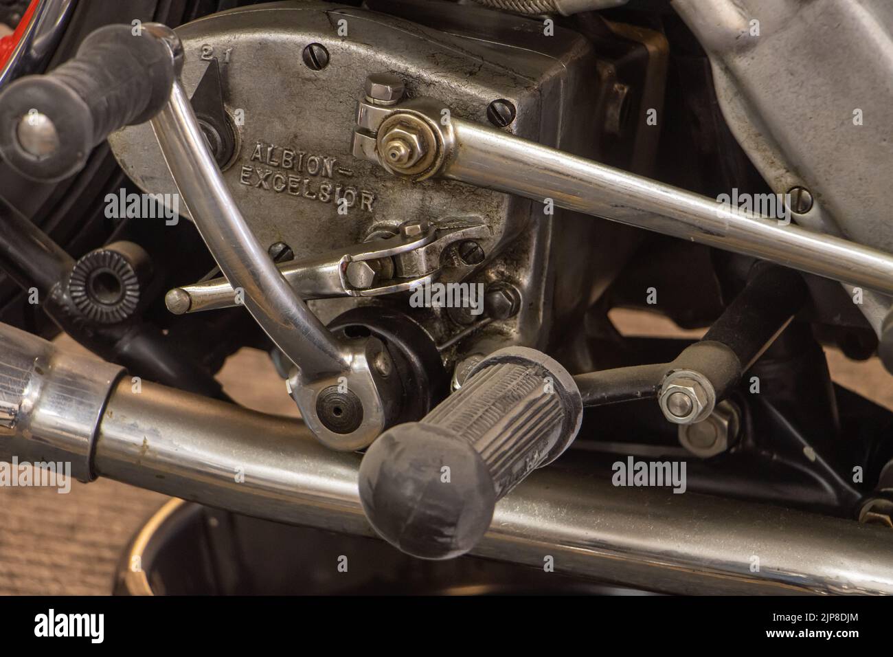 PRAGUE, CZECHIA, AUG 10 2022, The starter pedal on a vintage Excelsior motorcycle Stock Photo