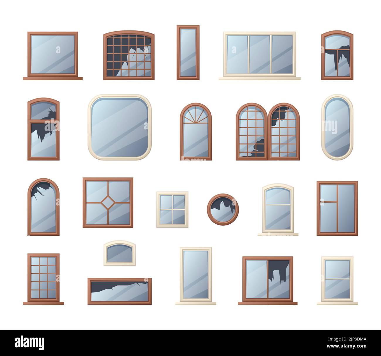 Broken windows. Shuttered glass in wooden and plastic frames, cracked home interior elements. Vector vandalism concept illustration. Cracked or damaged glass, abandoned building facade objects Stock Vector