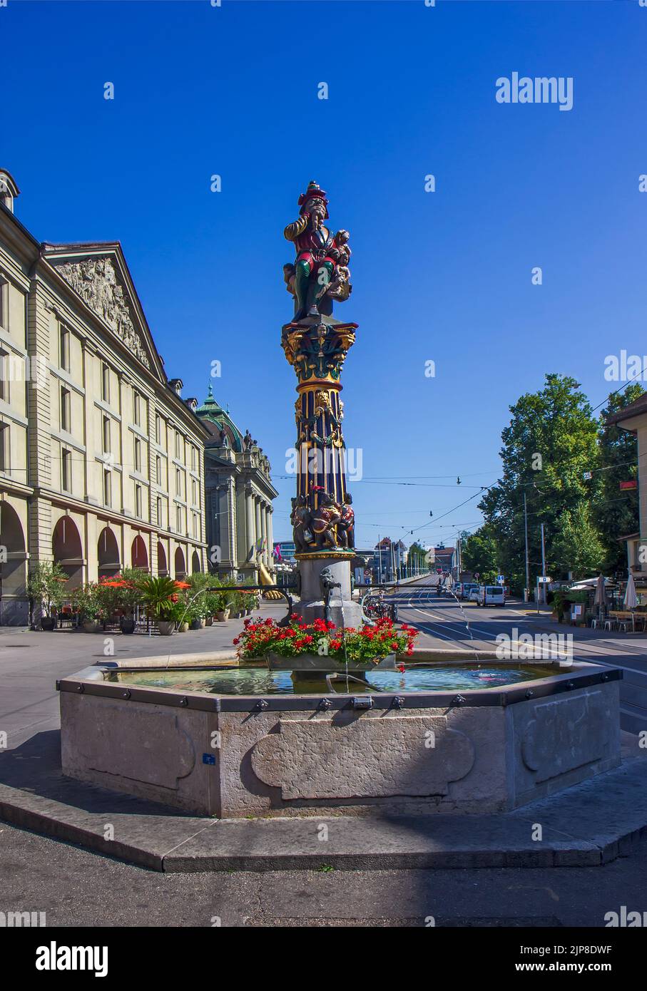 The Kindlifresserbrunnen is a painted stone fountain at the Kornhausplatz in Bern, Switzerland. Stock Photo