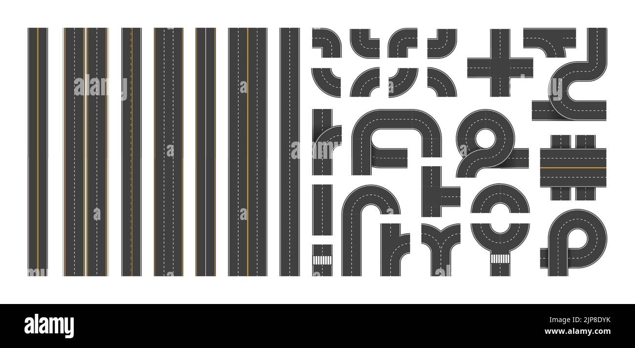 Highway constructor. Top view of city road segments with marking, crossroad junctions intersections and circles, aerial view of asphalt street from above. Vector set. Town map pathway parts Stock Vector