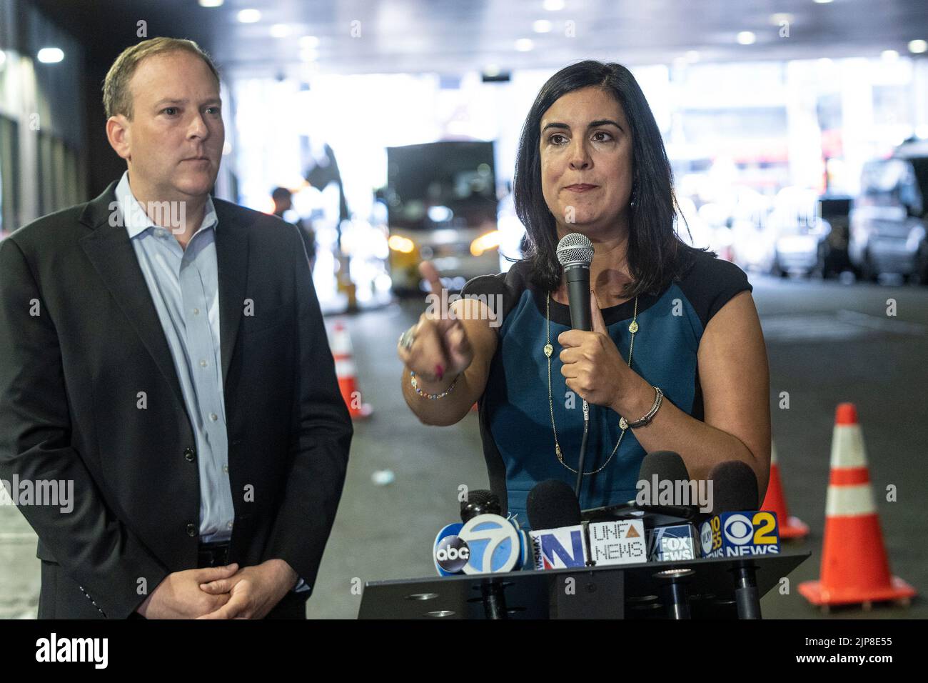 New York, United States. 15th Aug, 2022. U. S. Representative Nicole Malliotakis speaks during a joint press conference with U. S. Representative Lee Zeldin at Port Authority Bus Terminal. They discussed the influx of illegal migrants into New York driven by buses from Texas at the order of Texas Governor Greg Abbott. Both lawmakers call on New York Governor Kathy Hochul to do her part to stop the influx of migrants into New York City and demand President Joe Biden secure the Southern Border. (Photo by Lev Radin/Pacific Press) Credit: Pacific Press Media Production Corp./Alamy Live News Stock Photo