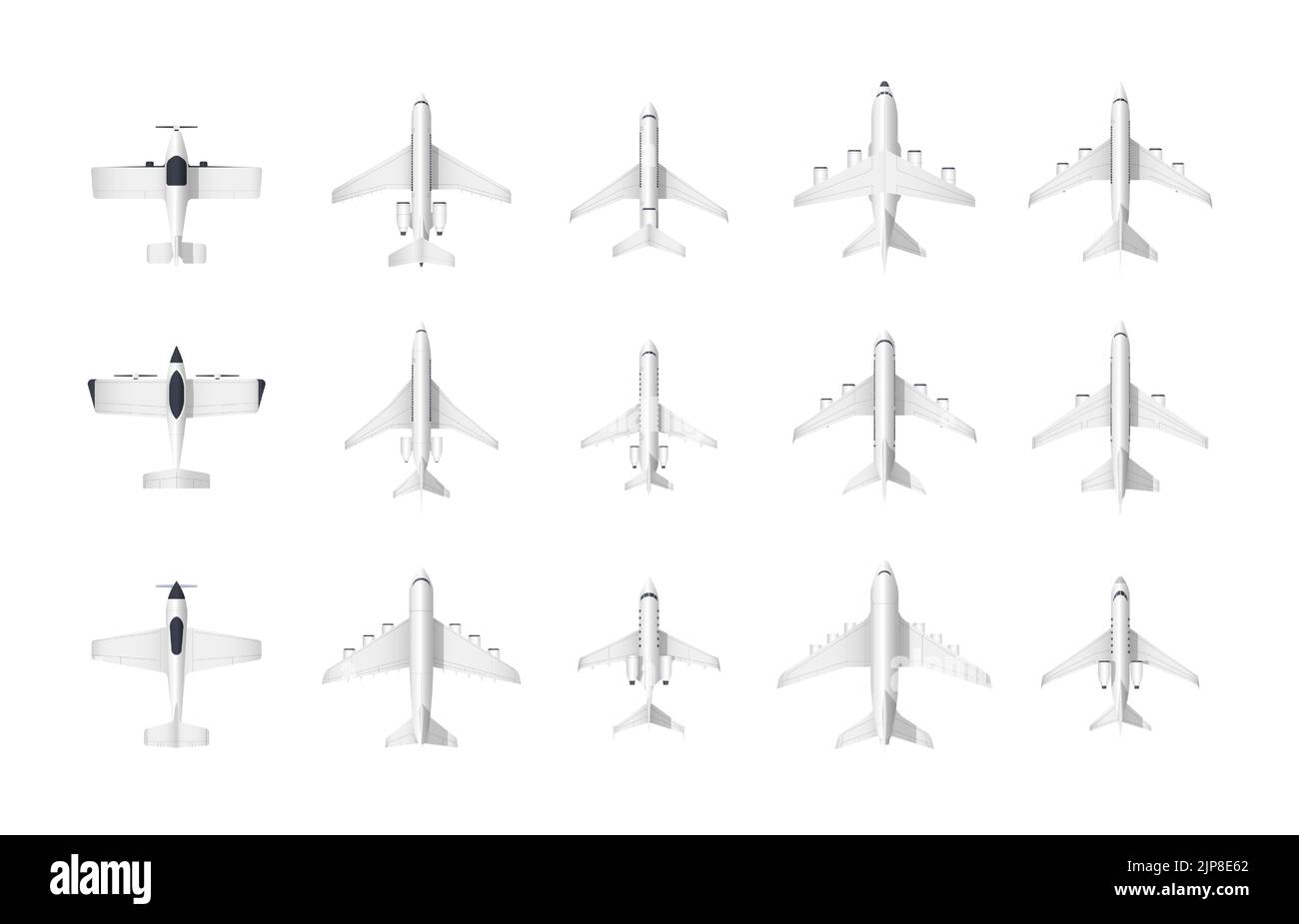 Airplane top view. Cartoon civil aviation small and large passenger and cargo aircraft models, plane vehicle toy view from above. Vector isolated set. Different transport flying in sky Stock Vector